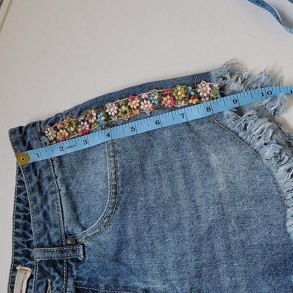 ALTER'D STATE Embroidered Trim Denim Jean Shorts Festival Frayed - Picture 6 of 10